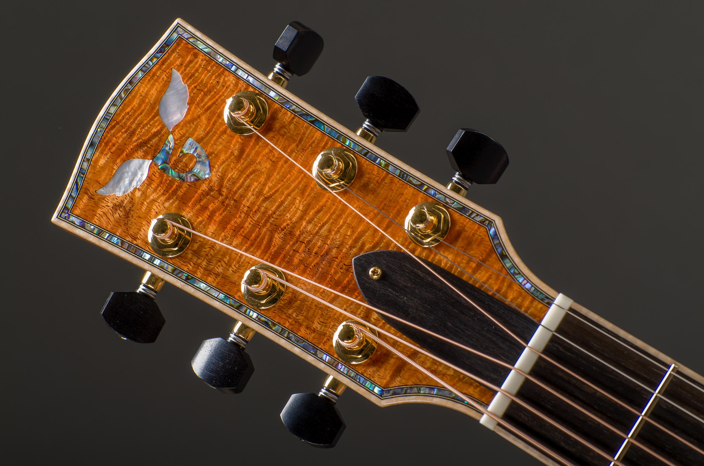 Customized "Signature" Series Styling 14-Fret Parlor Size Peghead - Figured Hawaiian Koa Veneer, Fancy Paua G - MOP Wings, & Curly Maple Binding - Including Matching Fretboard Option, Fancy Paua Peghead Border Inlay Option, Gold Gotoh 510 Mini Tuners with Ebony Buttons
