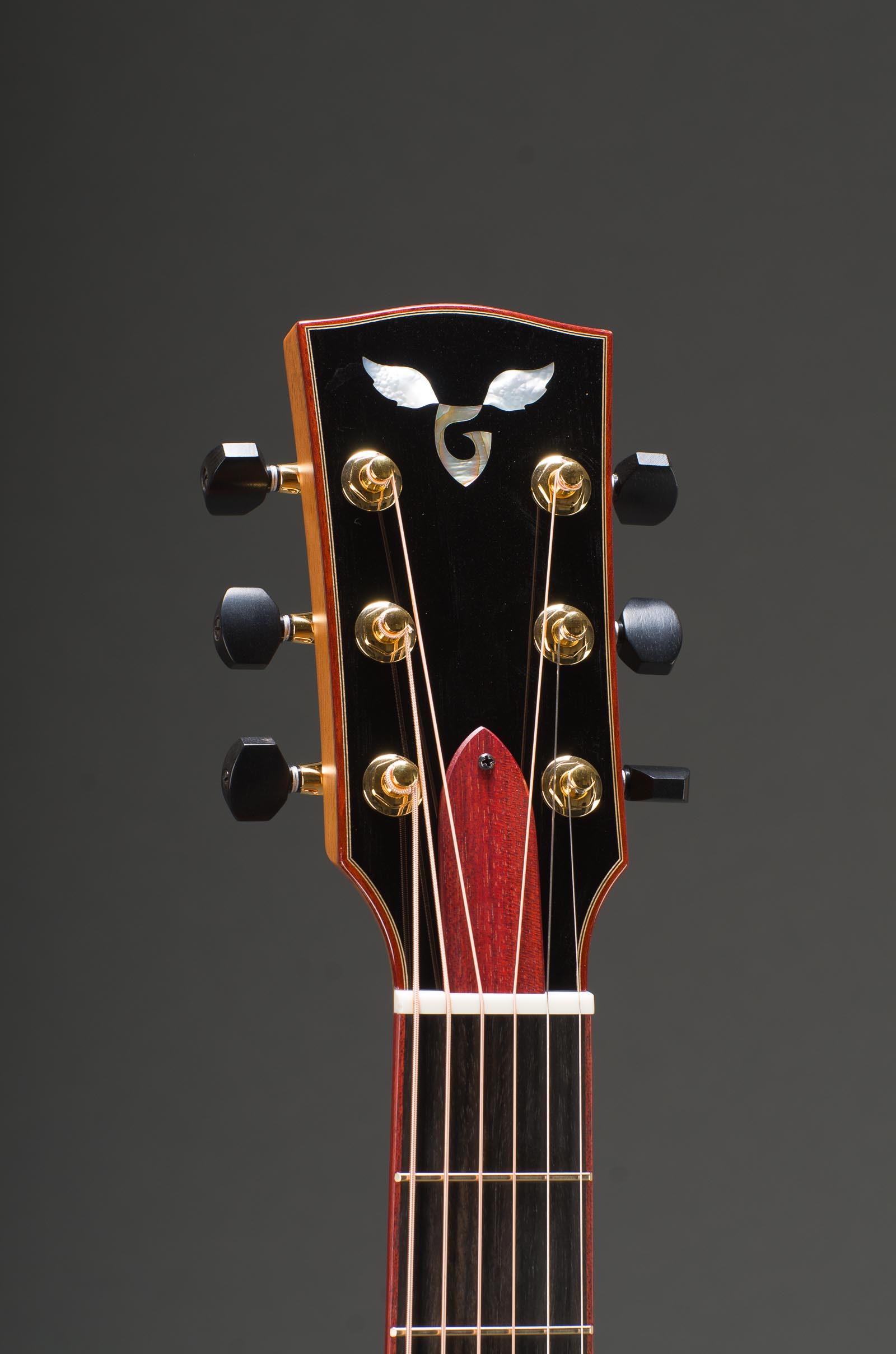 14-Fret Parlor - All Ribbon Mahogany Including Top, Fancy Abalone Rosette, & Bloodwood Binding - Including Matching Fretboard Option, Fancy G - MOP Wings, Gold Gotoh 510 Mini Tuners with Ebony Buttons