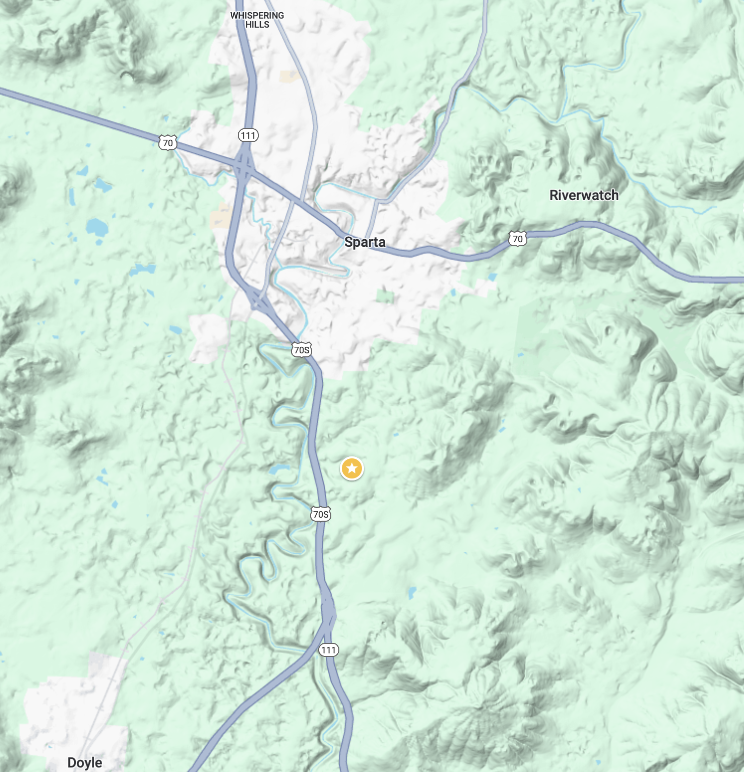 Terrain map view of the city of Sparta, Tennessee with a star indicating the new location of Goodall Guitars just to the south.